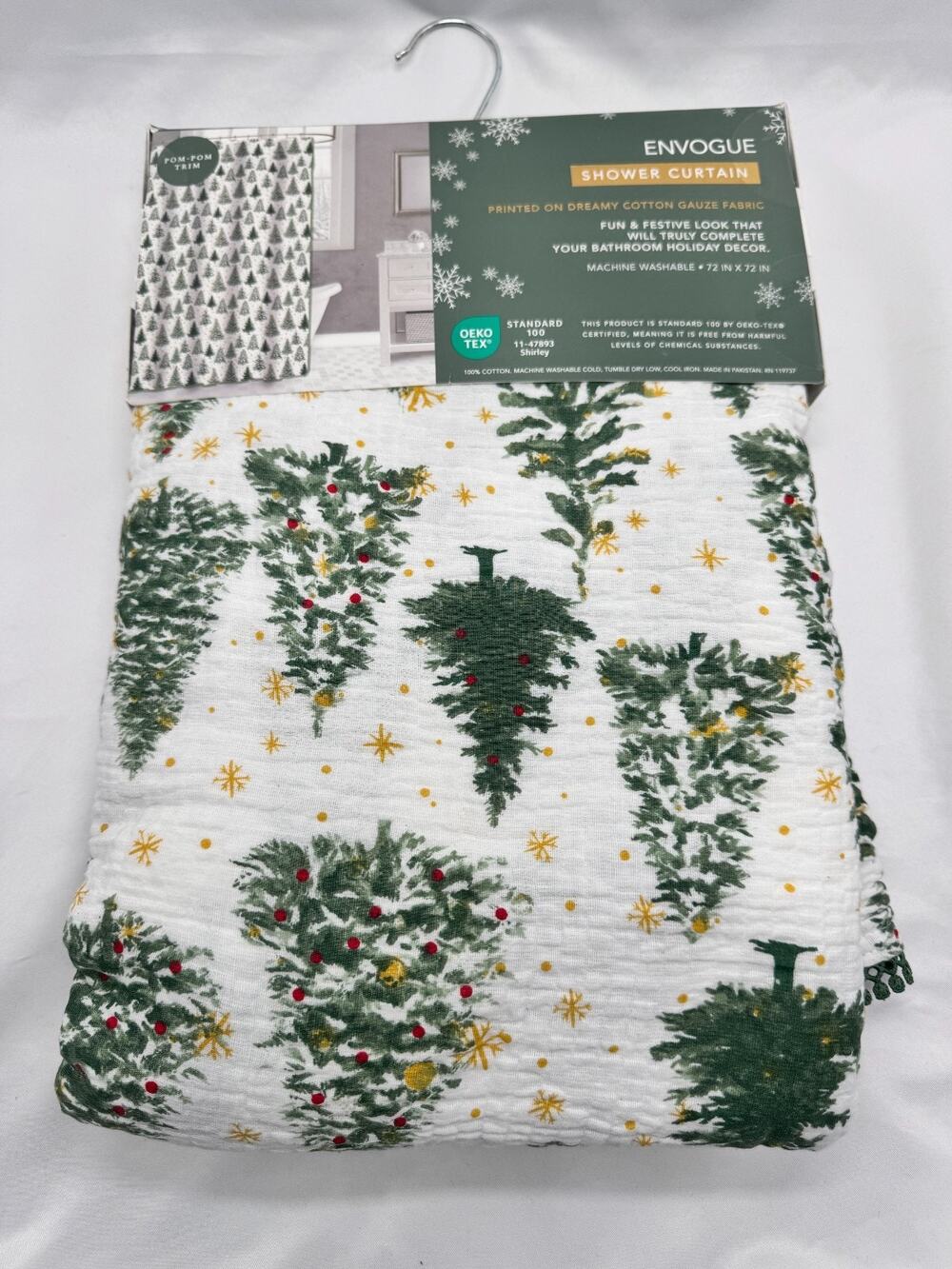 Envogue Christmas Tree Evergreen Show Curtain 72" x 72" green white cotton gauze